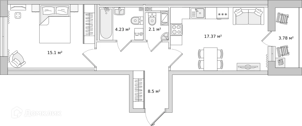 Планировка 1-комнатной квартиры 46.8 м² в ЖК ЦДС "Чёрная Речка", г. Санкт-Петербург — фото 1