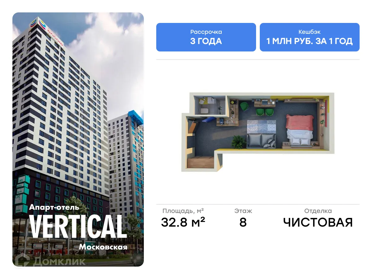 Планировка студии квартиры 32.8 м² в Апарт -отель Vertical Московская, г. Санкт-Петербург — фото 1