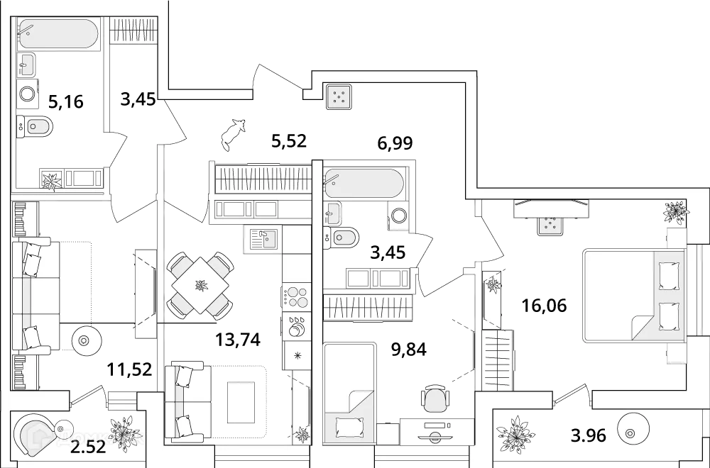 Планировка 3-комнатной квартиры 80.4 м² в ЖК "Cube (Кьюб)", г. Санкт-Петербург — фото 1