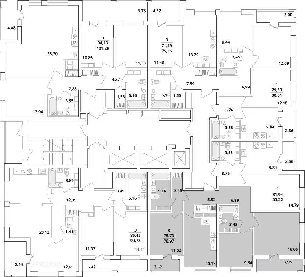 Планировка 3-комнатной квартиры 80.4 м² в ЖК "Cube (Кьюб)", г. Санкт-Петербург — фото 2