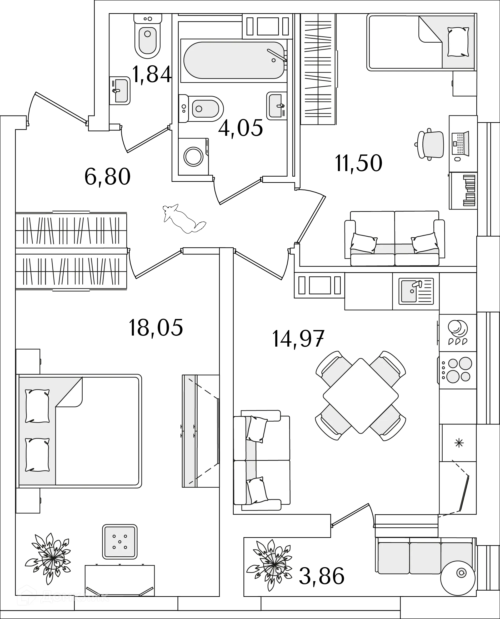 Планировка 2-комнатной квартиры 59.2 м² в ЖК Лайнеръ, г. Санкт-Петербург — фото 1