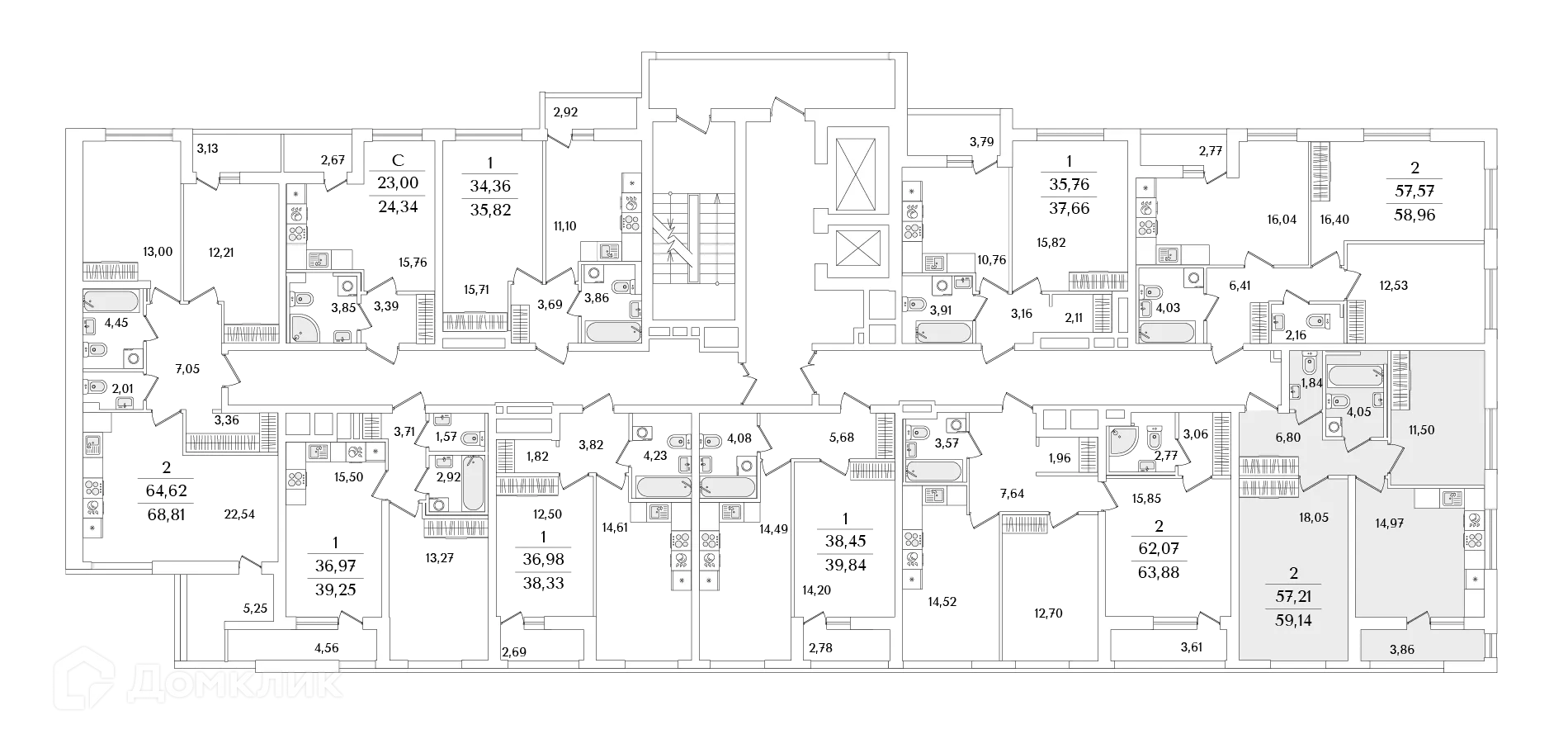 Планировка 2-комнатной квартиры 59.2 м² в ЖК Лайнеръ, г. Санкт-Петербург — фото 2