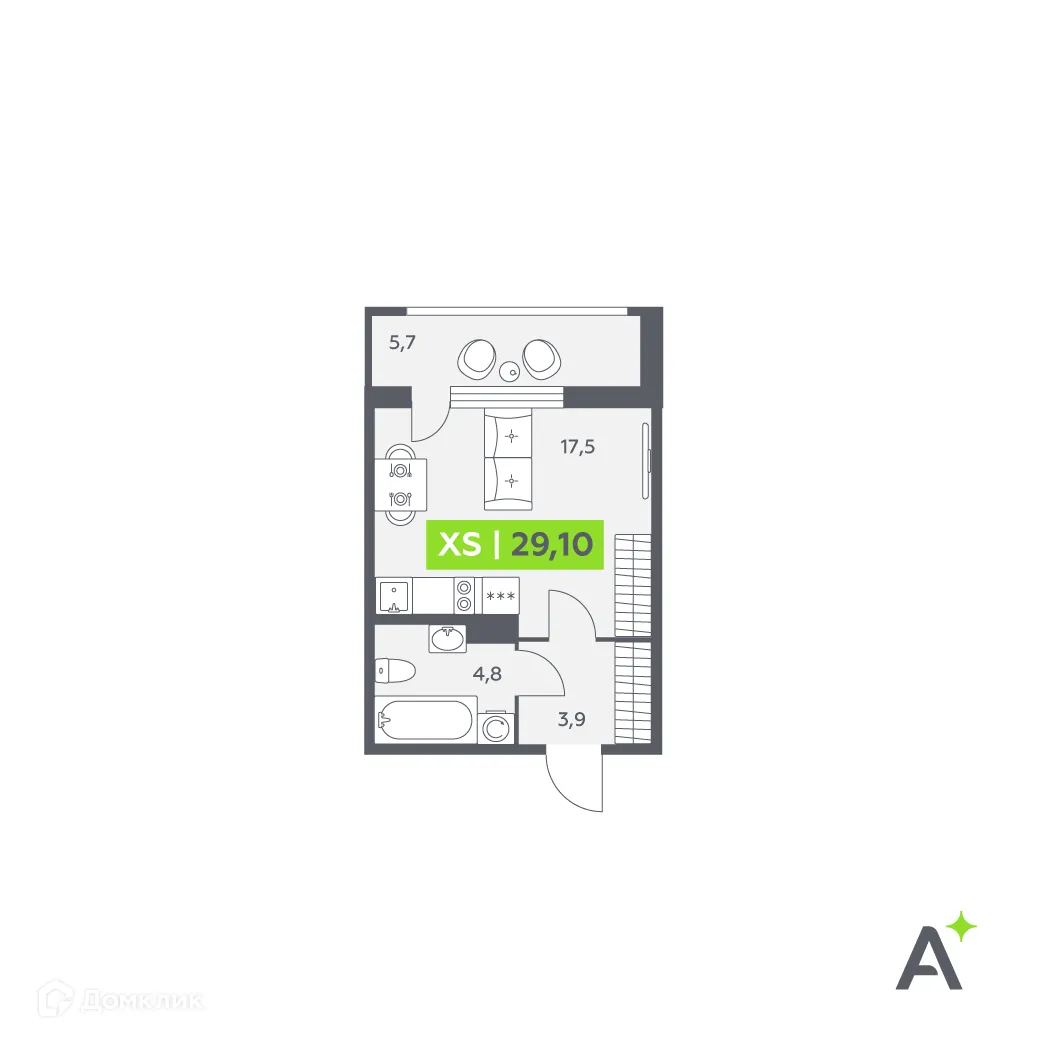 Планировка студии квартиры 29.1 м² в ЖК Аквилон Leaves (Аквилон Ливз), г. Санкт-Петербург — фото 2