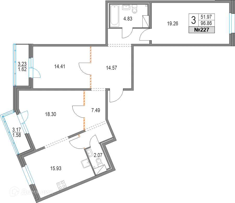 Планировка 3-комнатной квартиры 96.7 м² в ЖК Приморский квартал, г. Санкт-Петербург — фото 1