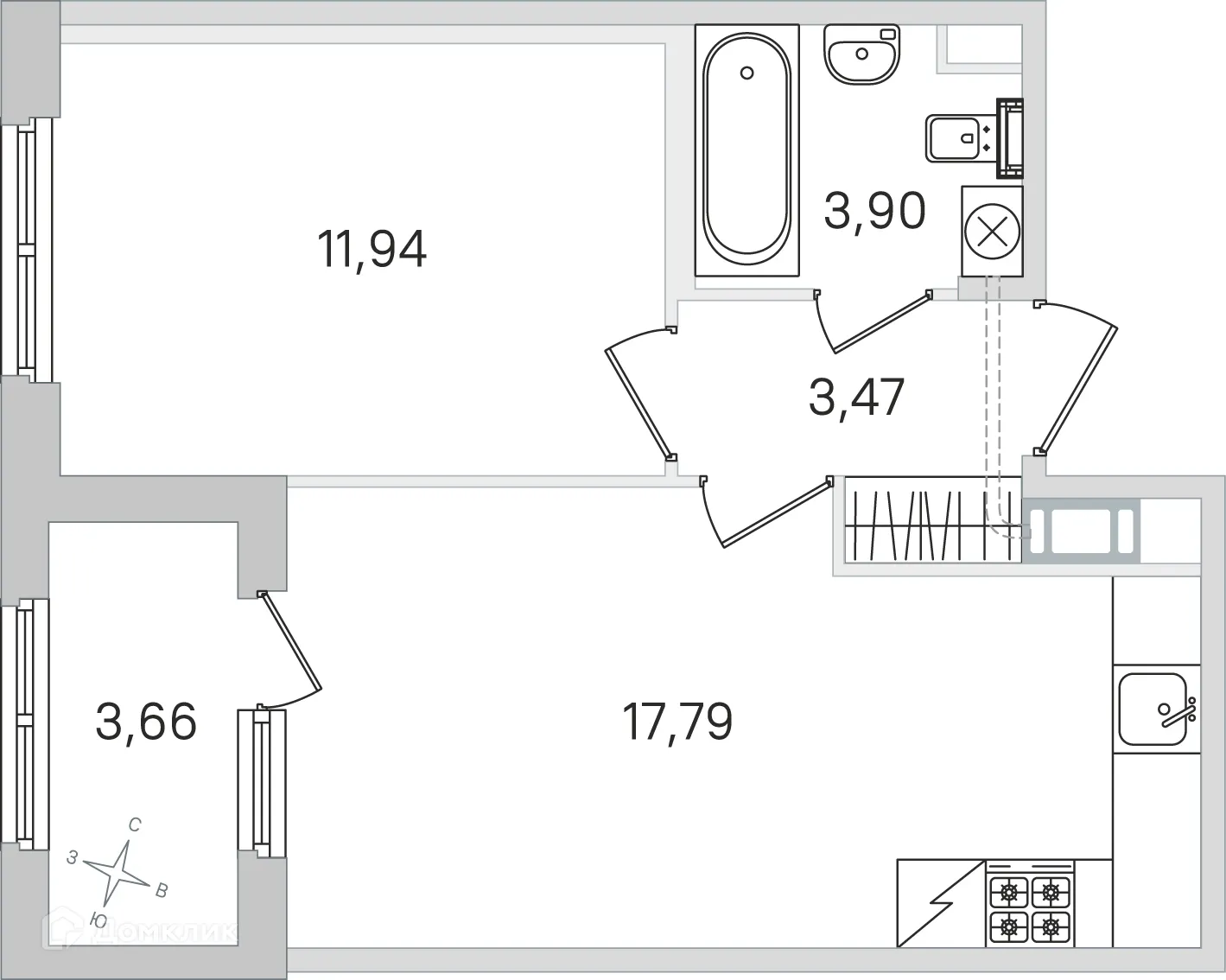Планировка 1-комнатной квартиры 38.93 м² в ЖК Жилой квартал Дубровский, г. Санкт-Петербург — фото 6