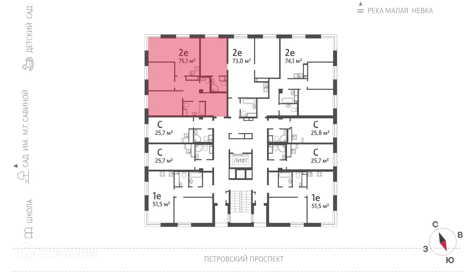 Планировка 2-комнатной квартиры 74.7 м² в ЖК "NEVA HAUS (НЕВА ХАУС)", г. Санкт-Петербург — фото 2