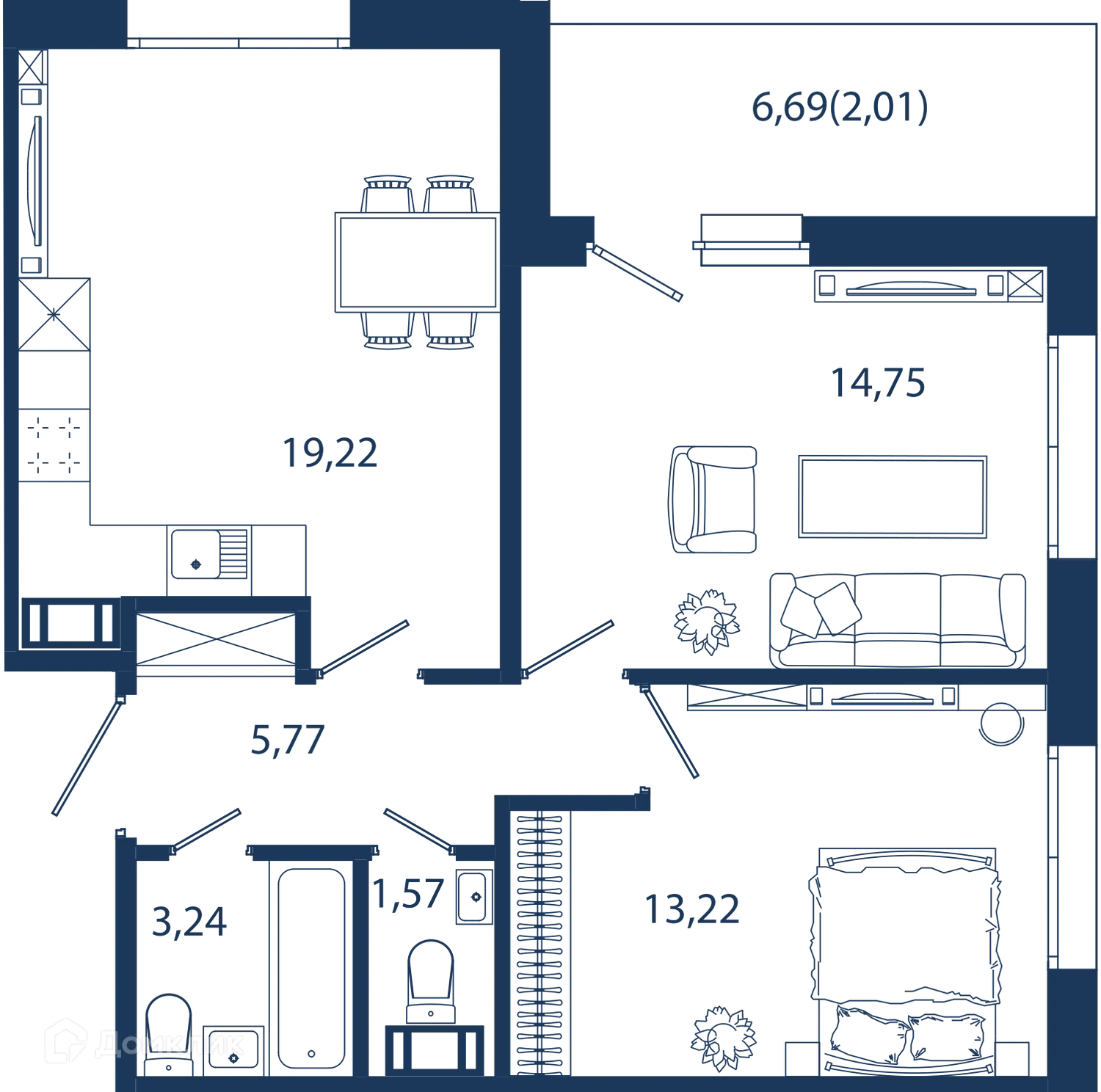 Планировка 2-комнатной квартиры 59.78 м² в ЖК "BEREG.Курортный" (Берег Курортный), г. Санкт-Петербург — фото 1