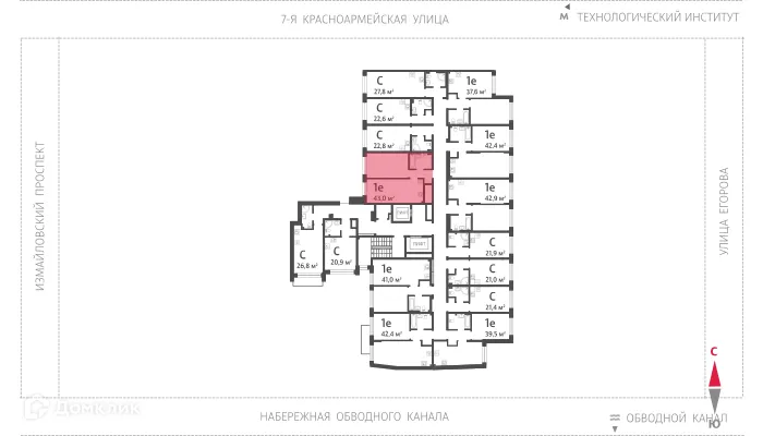 Планировка 1-комнатной квартиры 43 м² в ЖК ЛСР.Измайловский, г. Санкт-Петербург — фото 2