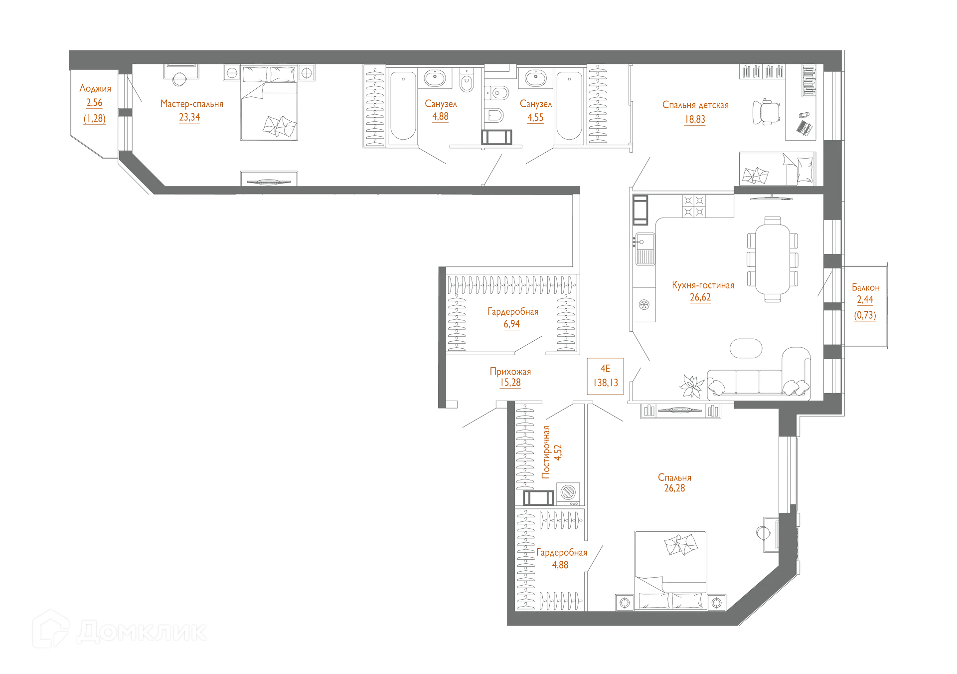 Планировка 3-комнатной квартиры 136.8 м² в ЖК "Monodom Line (Монодом Лайн)", г. Санкт-Петербург — фото 1