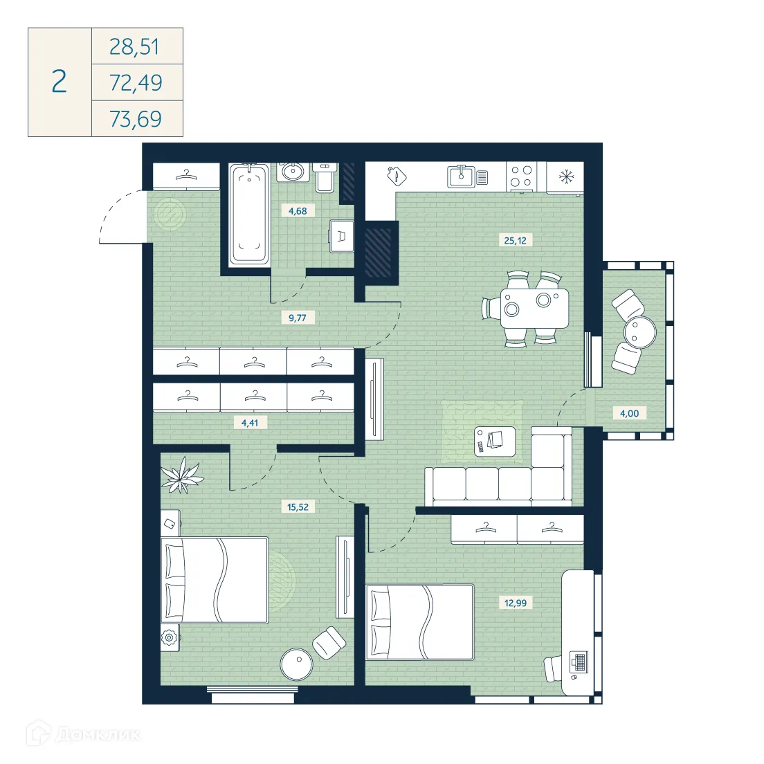Планировка 2-комнатной квартиры 72.49 м² в ЖК "Belevsky Club (Белевский Клуб)", г. Санкт-Петербург — фото 1