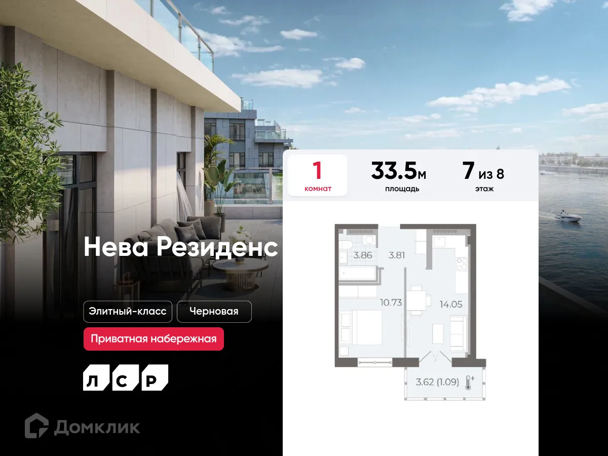 Планировка 1-комнатной квартиры 33.5 м² в ЖК "Neva Residence (Нева Резиденс)", г. Санкт-Петербург — фото 1