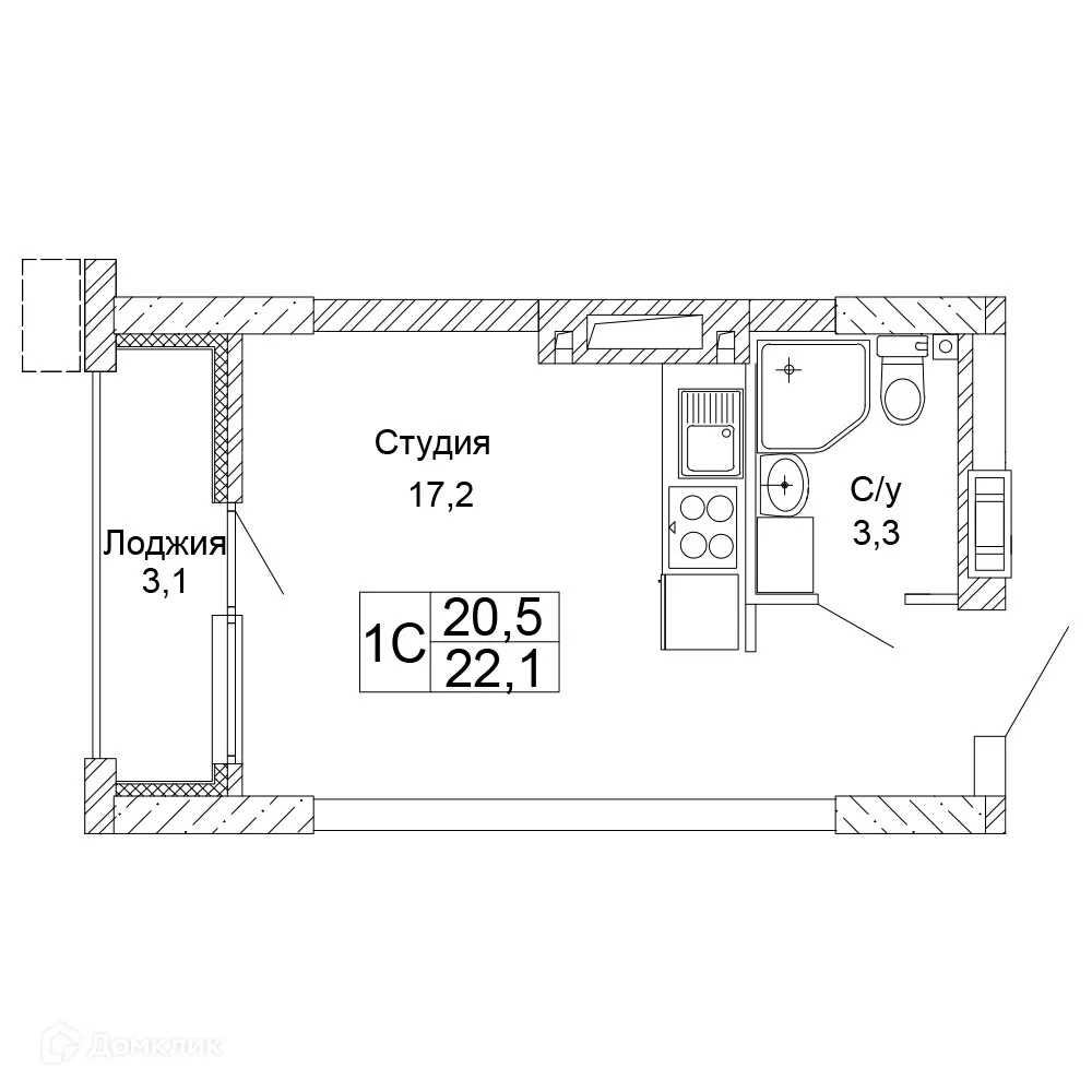 Планировка 1-комнатной квартиры 22.1 м² в ЖК Колизей, г. Волгоград — фото 1