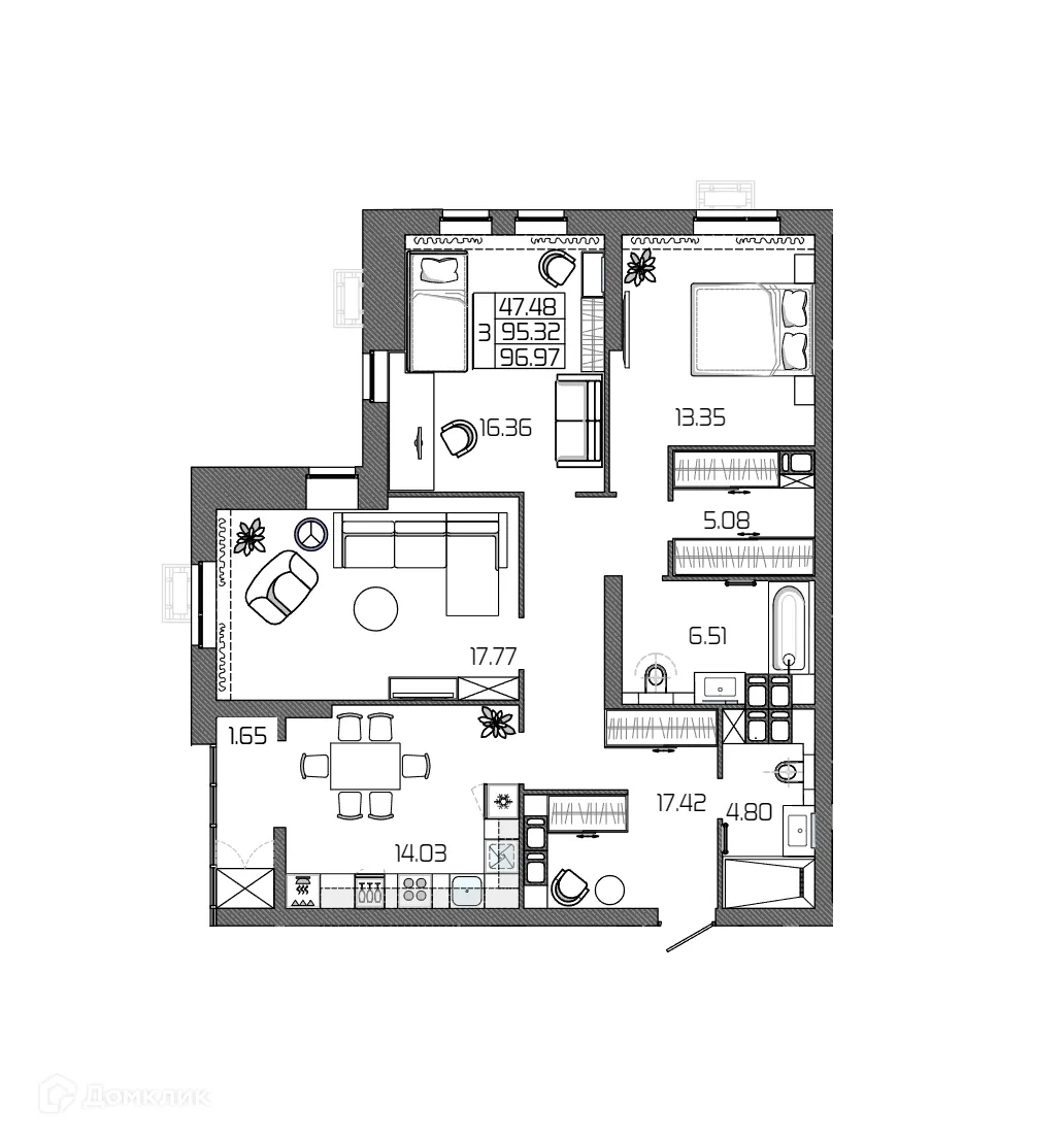 Планировка 3-комнатной квартиры 96.97 м² в ЖК СЕЛЕНА, г. Волгоград — фото 13