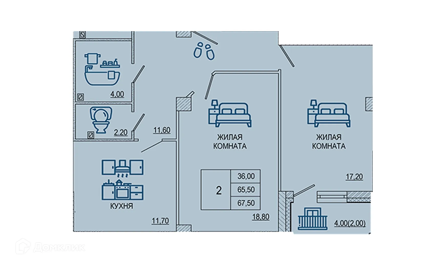 Планировка 2-комнатной квартиры 67.5 м² в ЖК Петровский парк, г. Волгоград — фото 1