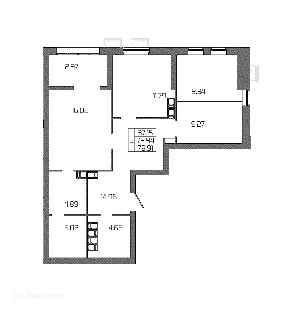 Планировка 3-комнатной квартиры 78.91 м² в ЖК СЕЛЕНА, г. Волгоград — фото 1