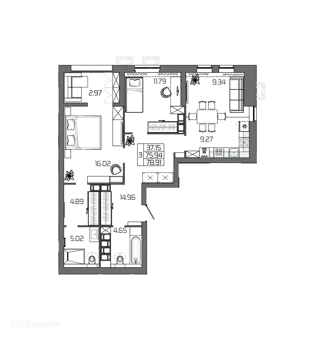 Планировка 3-комнатной квартиры 78.91 м² в ЖК СЕЛЕНА, г. Волгоград — фото 2
