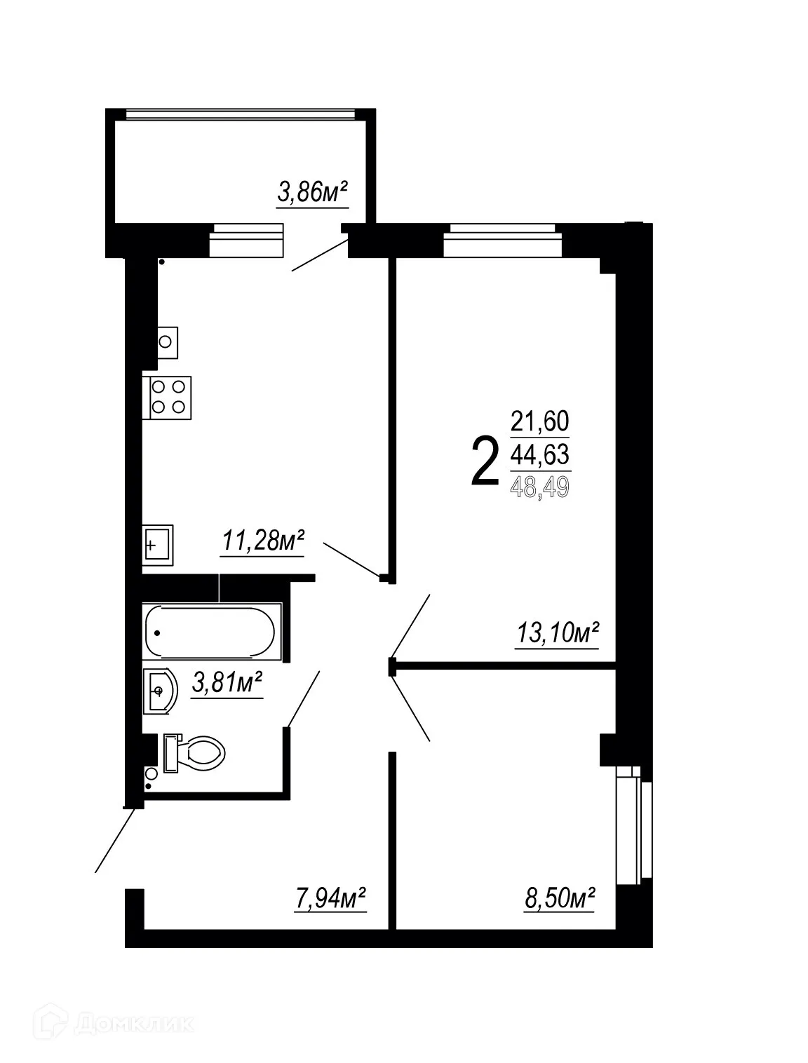 Планировка 2-комнатной квартиры 48.49 м² в ЖК по улице Полины Осипенко, г. Волгоград — фото 1