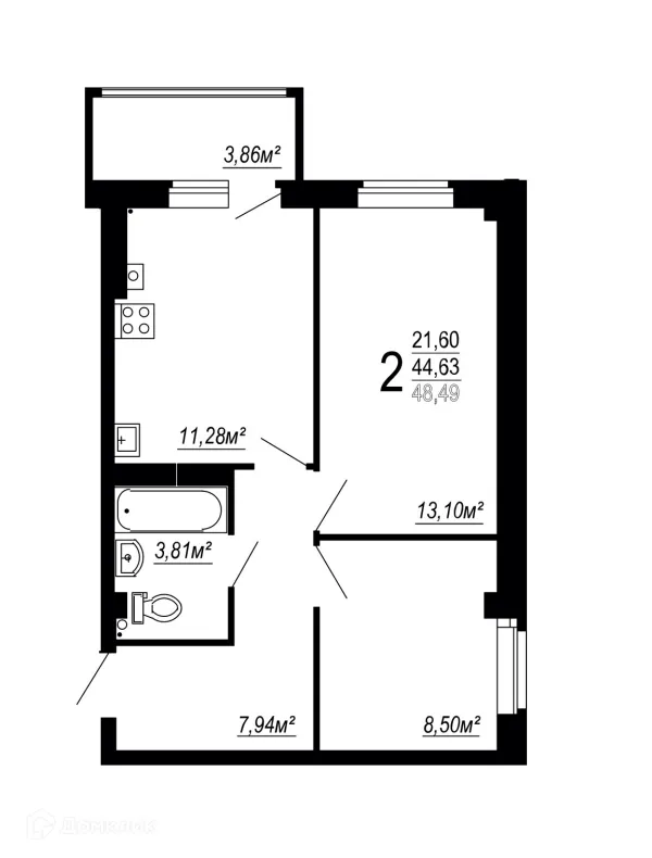 Планировка 2 комн. в ЖК по улице Полины Осипенко