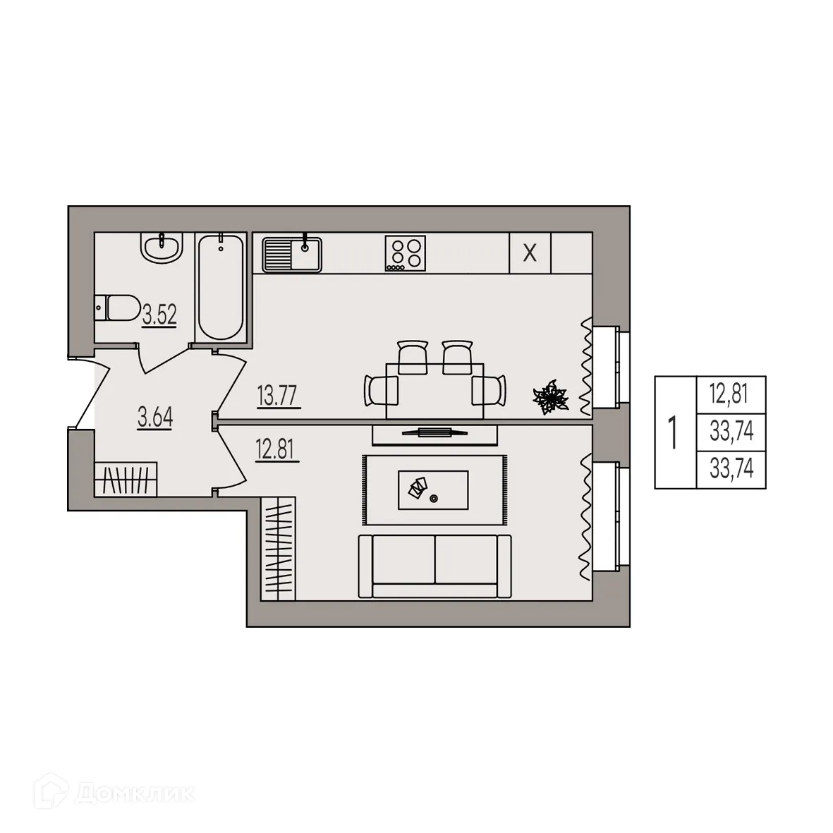 Планировка 1-комнатной квартиры 33.74 м² в ЖК Герои, г. Волгоград — фото 3