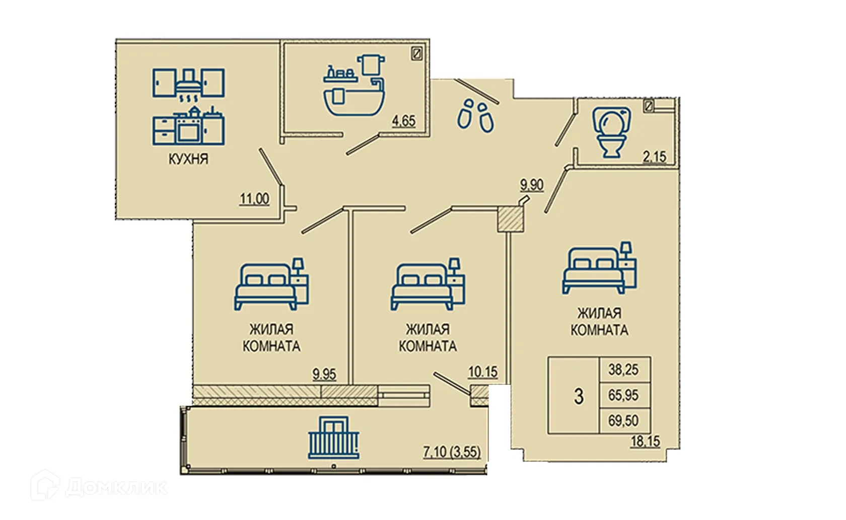 Планировка 3-комнатной квартиры 69.4 м² в ЖК Петровский парк, г. Волгоград — фото 1