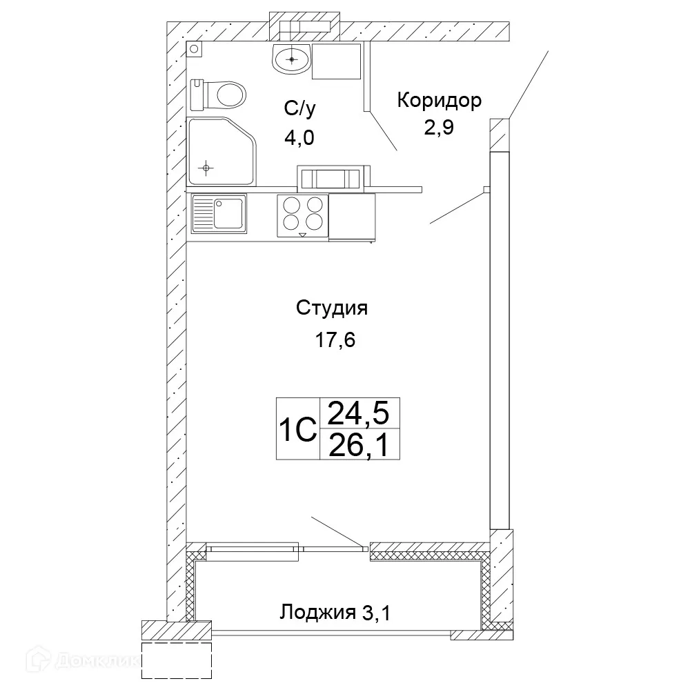 Планировка 1-комнатной квартиры 26.1 м² в ЖК Колизей, г. Волгоград — фото 1