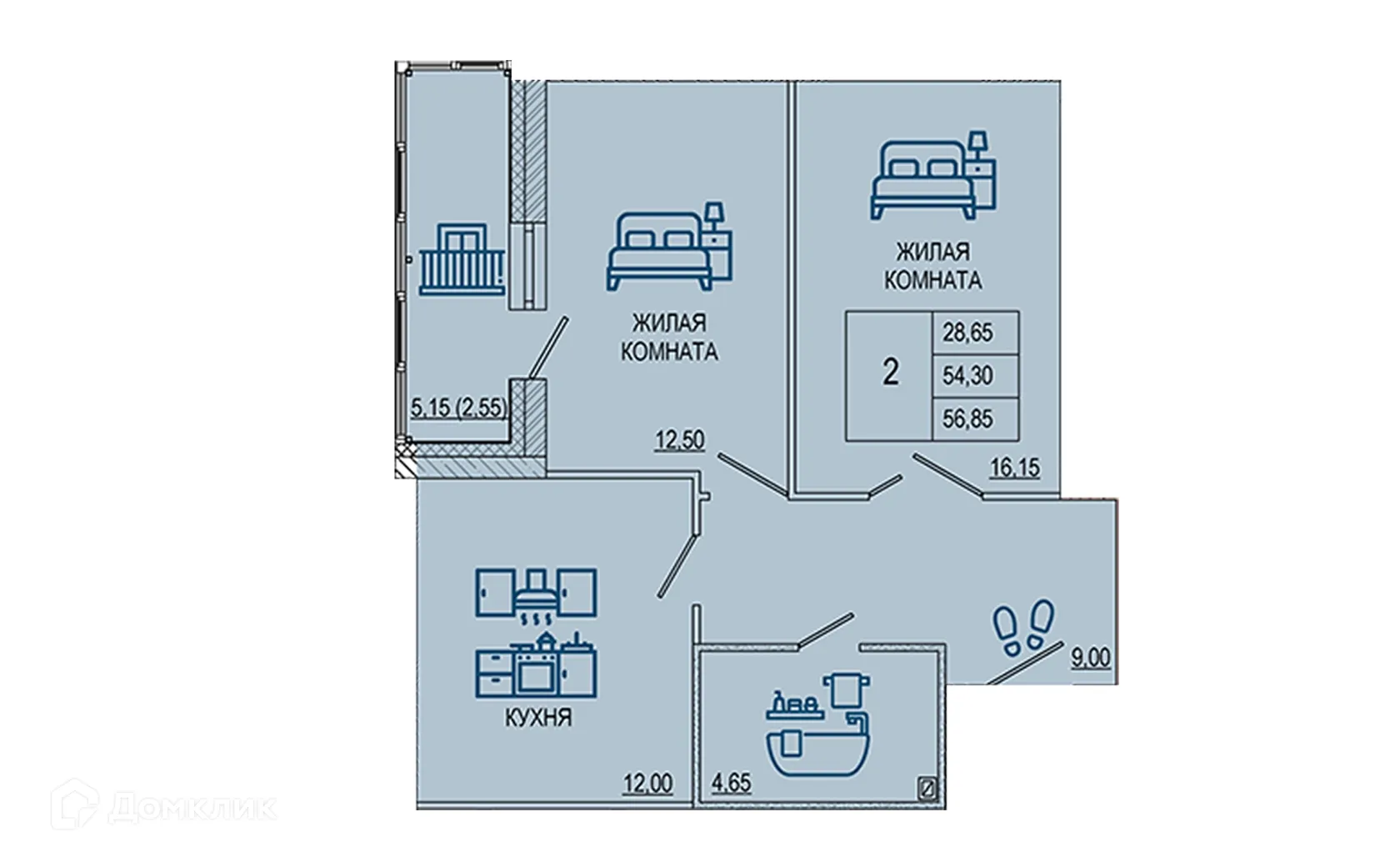 Планировка 2-комнатной квартиры 56.85 м² в ЖК Петровский парк, г. Волгоград — фото 1