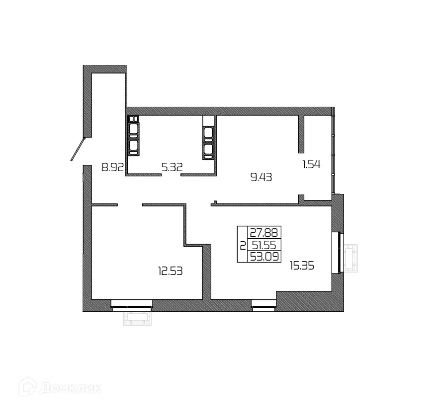 Планировка 2-комнатной квартиры 53.09 м² в ЖК СЕЛЕНА, г. Волгоград — фото 1