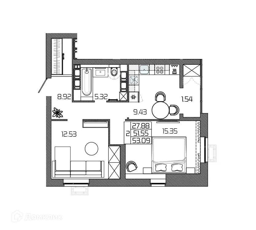 Планировка 2-комнатной квартиры 53.09 м² в ЖК СЕЛЕНА, г. Волгоград — фото 2