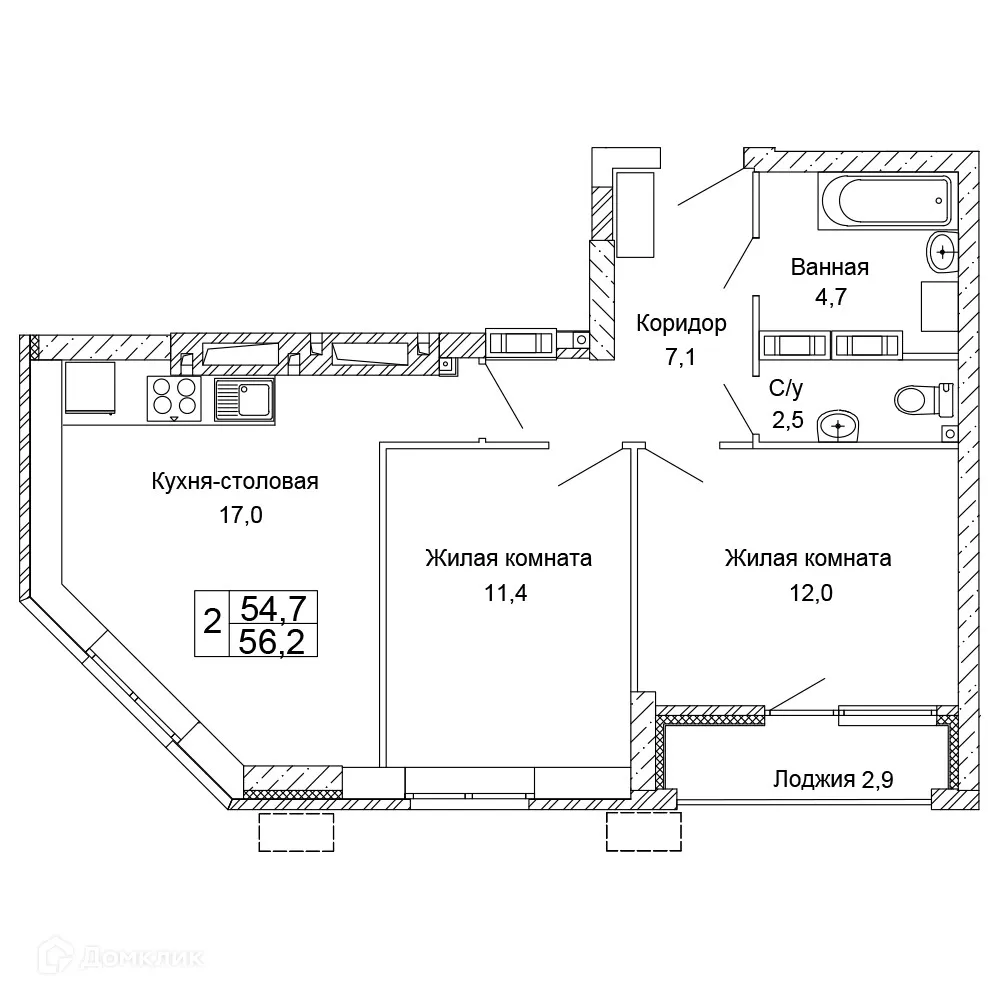 Планировка 2-комнатной квартиры 56.2 м² в ЖК Колизей, г. Волгоград — фото 1