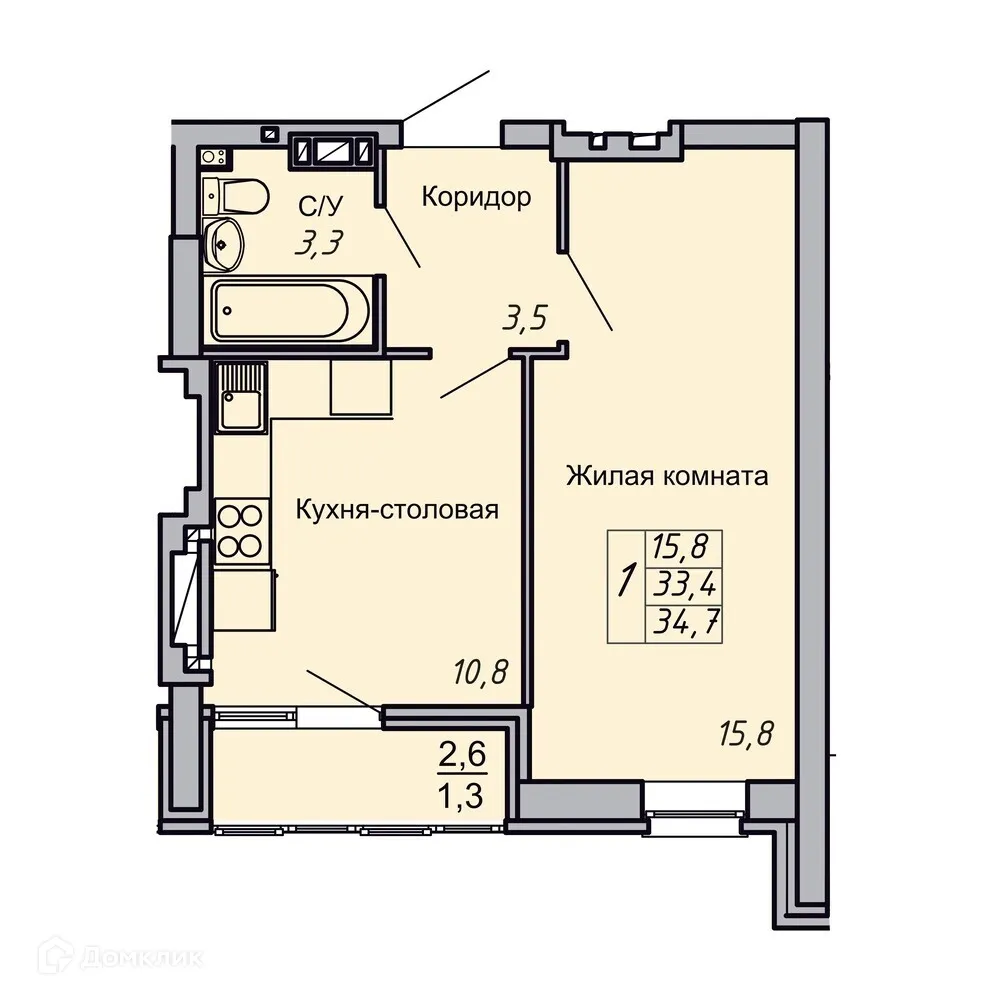 Планировка 1-комнатной квартиры 34.7 м² в ЖК Засекин, г. Волгоград — фото 1