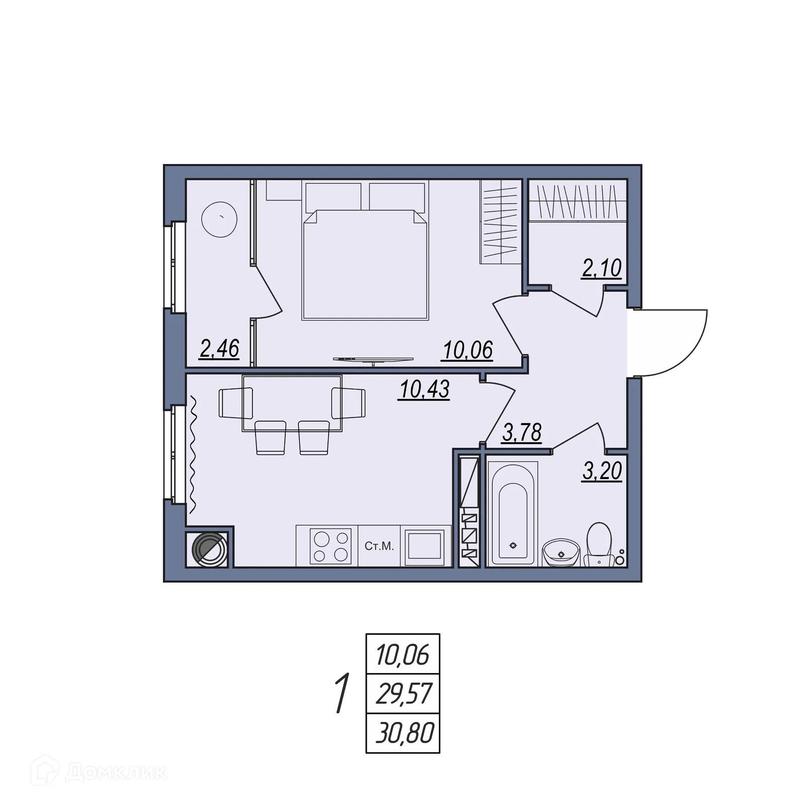 Планировка 1-комнатной квартиры 30.8 м² в ЖК Новый, г. Волгоград — фото 5