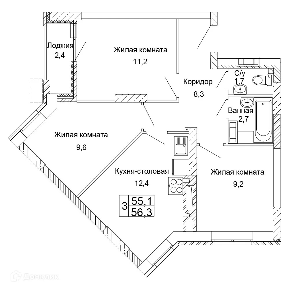Планировка 3-комнатной квартиры 56.3 м² в ЖК Колизей, г. Волгоград — фото 1
