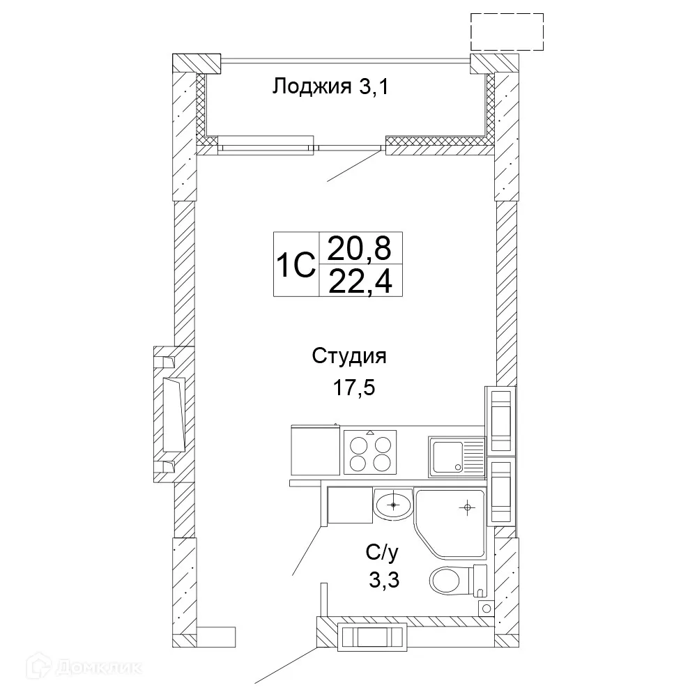 Планировка 1-комнатной квартиры 22.4 м² в ЖК Колизей, г. Волгоград — фото 1