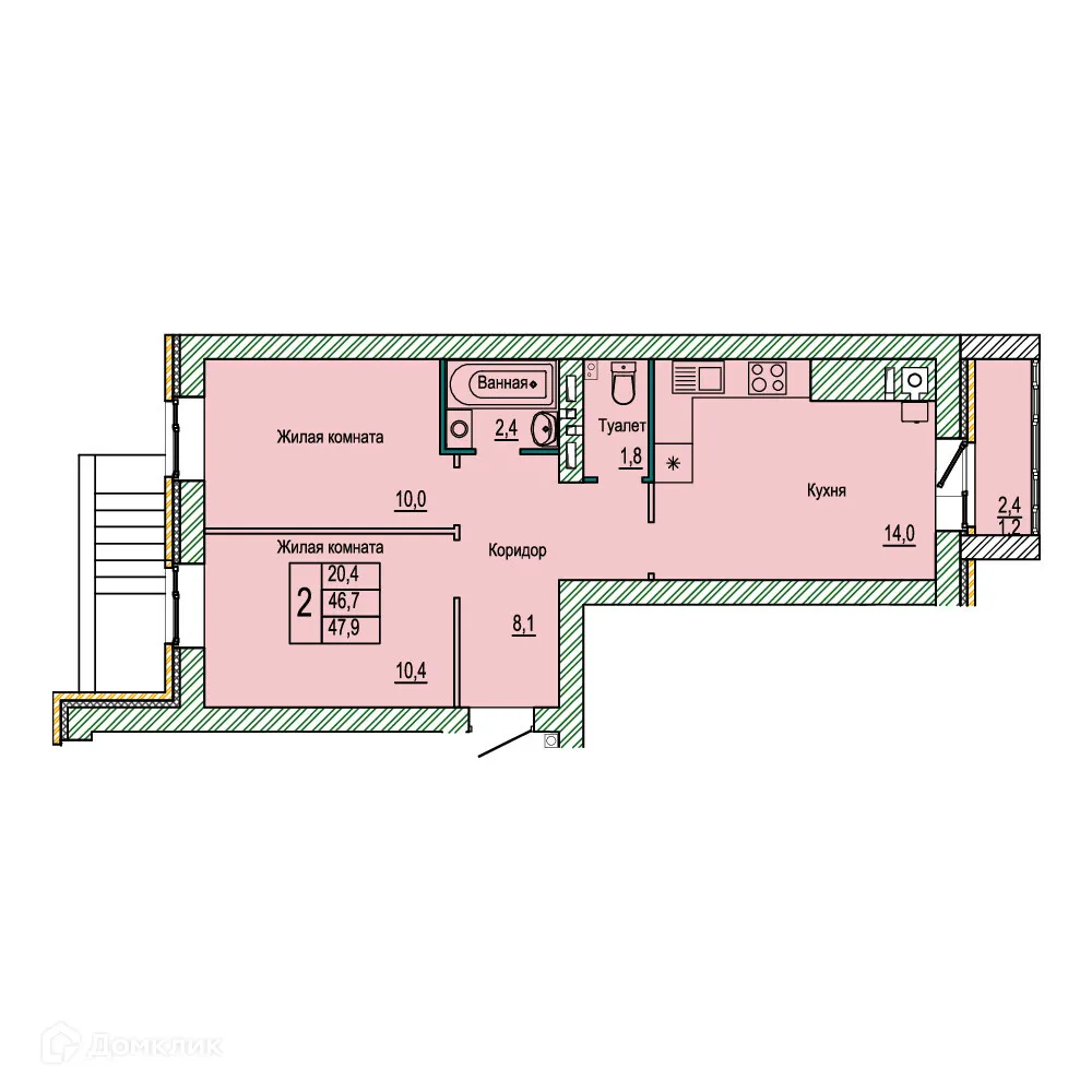 Планировка 2-комнатной квартиры 47.9 м² в ЖК Колизей, г. Волгоград — фото 1