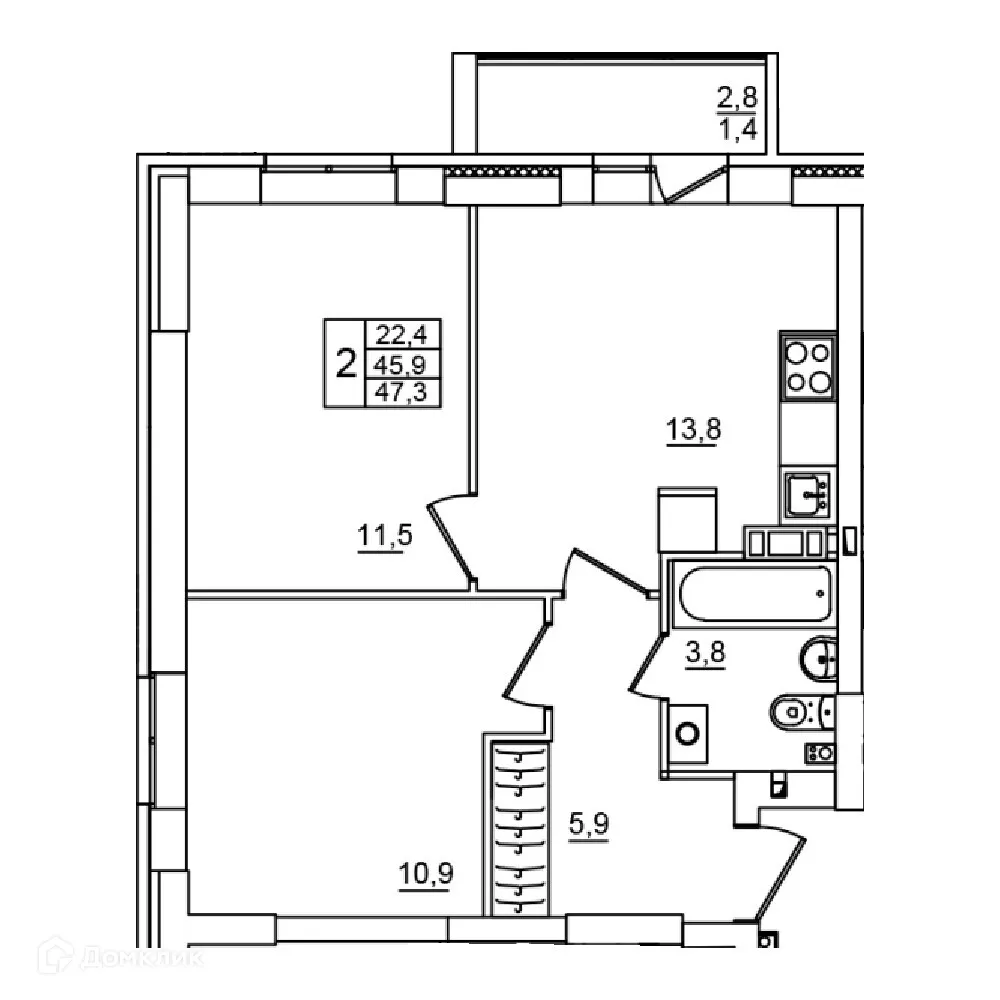 Планировка 2-комнатной квартиры 47.3 м² в ЖК Сталь, г. Волгоград — фото 1