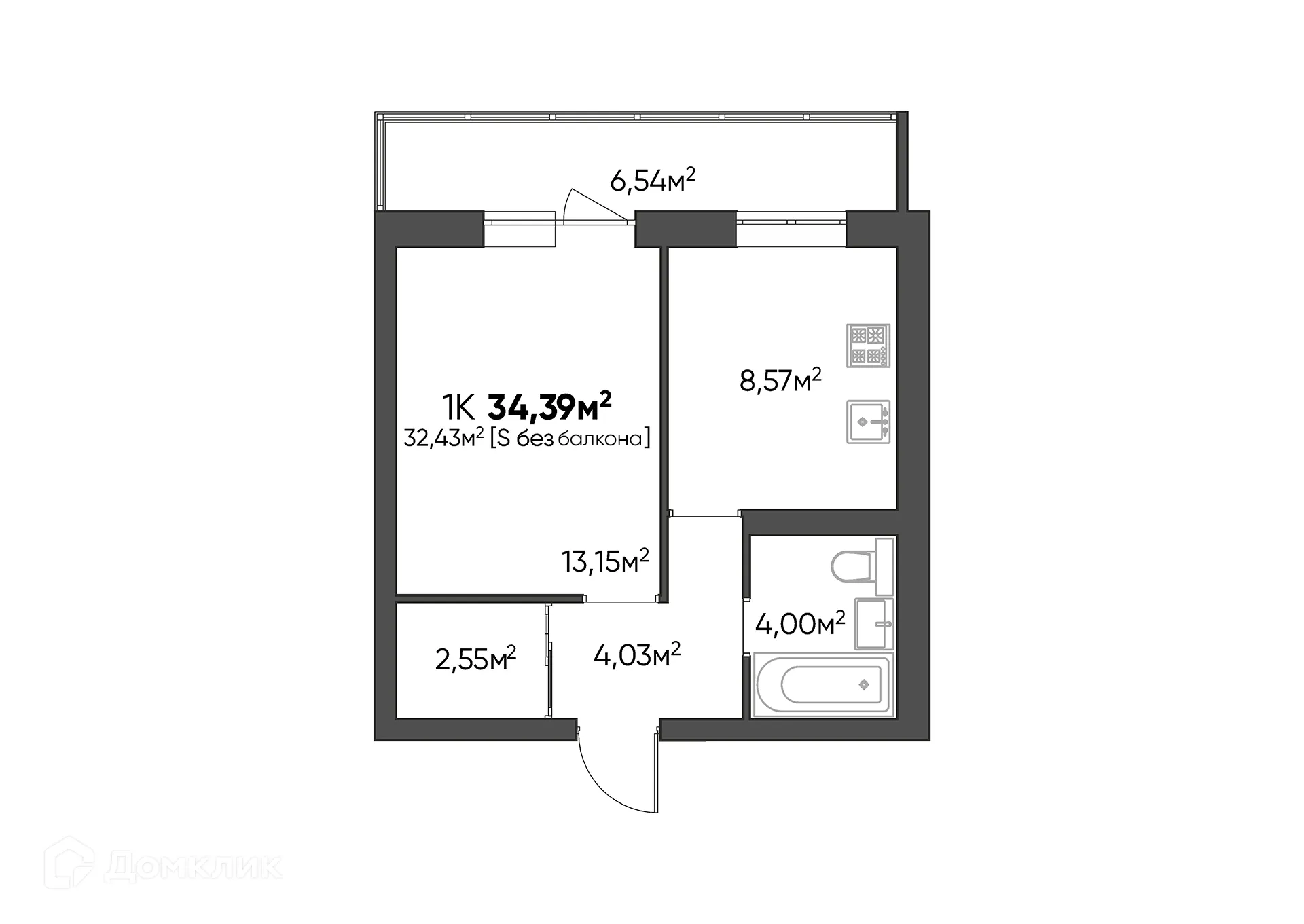 Планировка 1-комнатной квартиры 34.39 м² в ЖК Квартал, г. Волгоград — фото 2