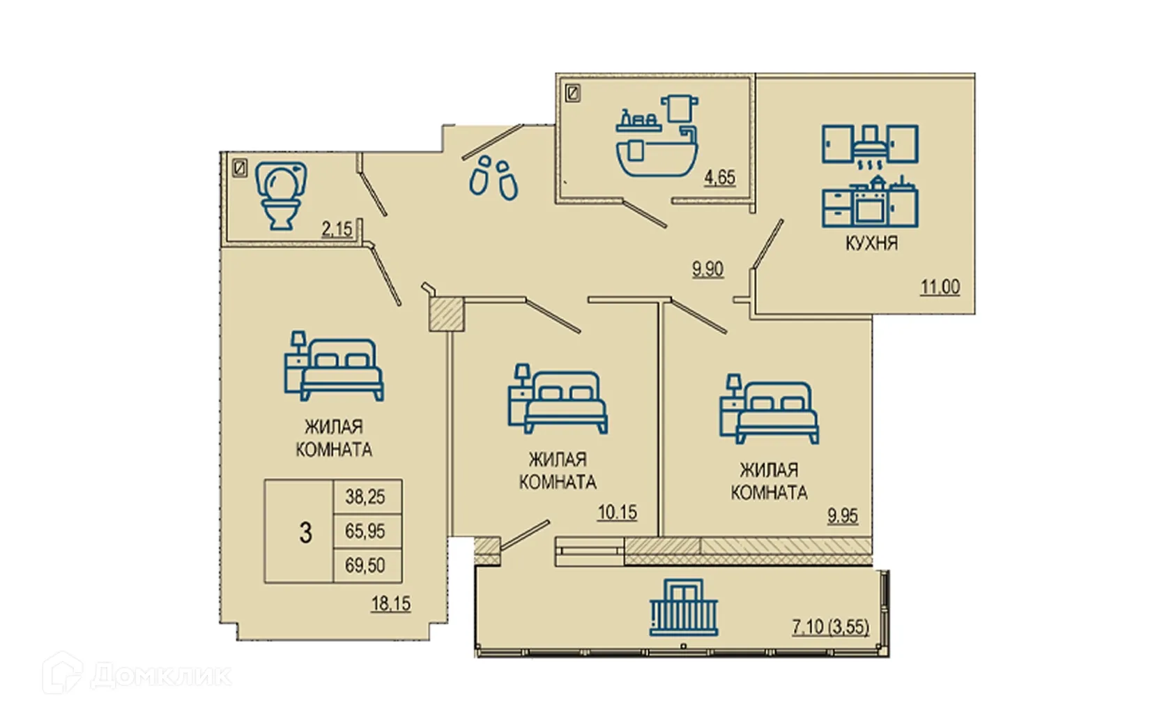 Планировка 3-комнатной квартиры 69.5 м² в ЖК Петровский парк, г. Волгоград — фото 1