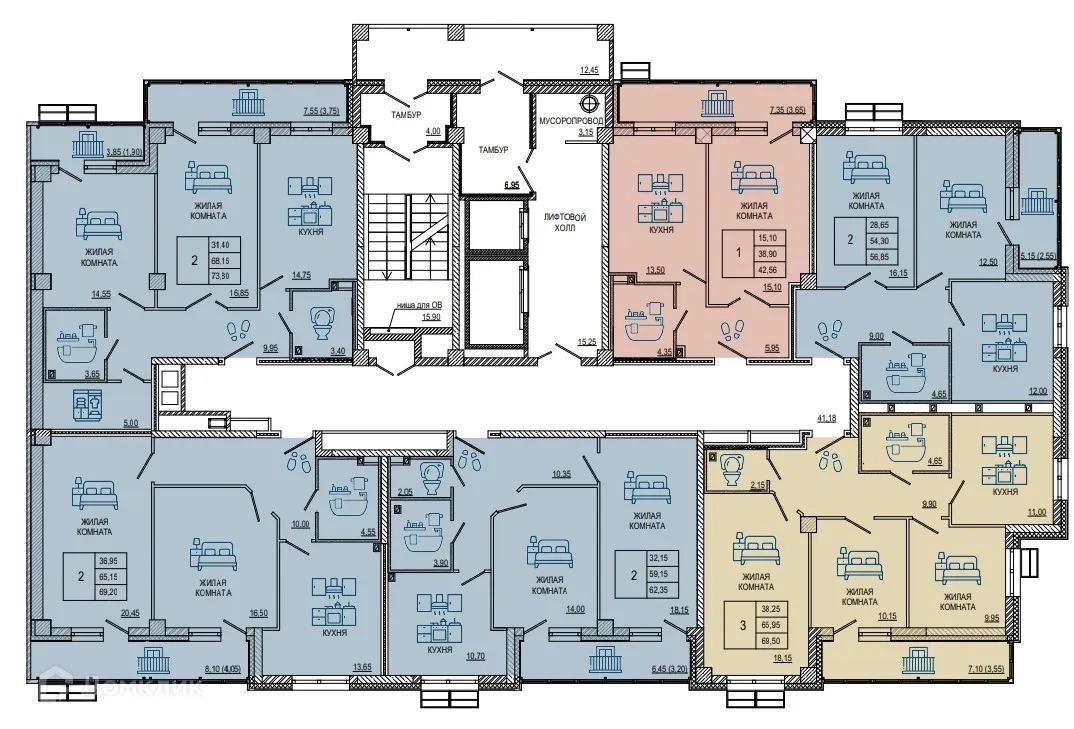 Планировка 3-комнатной квартиры 69.5 м² в ЖК Петровский парк, г. Волгоград — фото 2