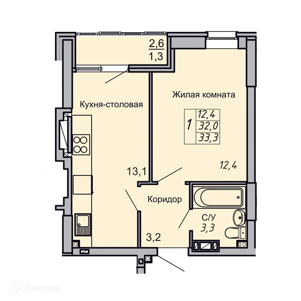 Планировка 1-комнатной квартиры 33.3 м² в ЖК Засекин, г. Волгоград — фото 1