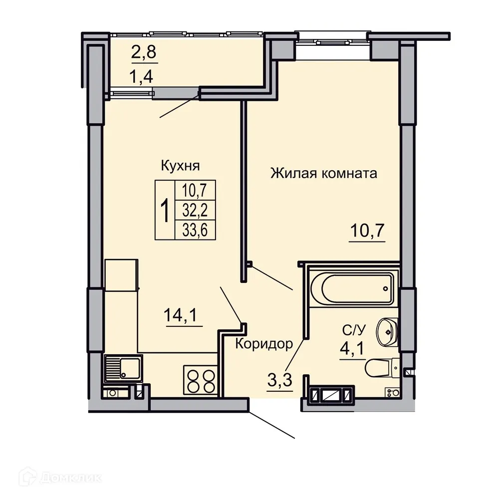 Планировка 1-комнатной квартиры 33.6 м² в ЖК Засекин, г. Волгоград — фото 18