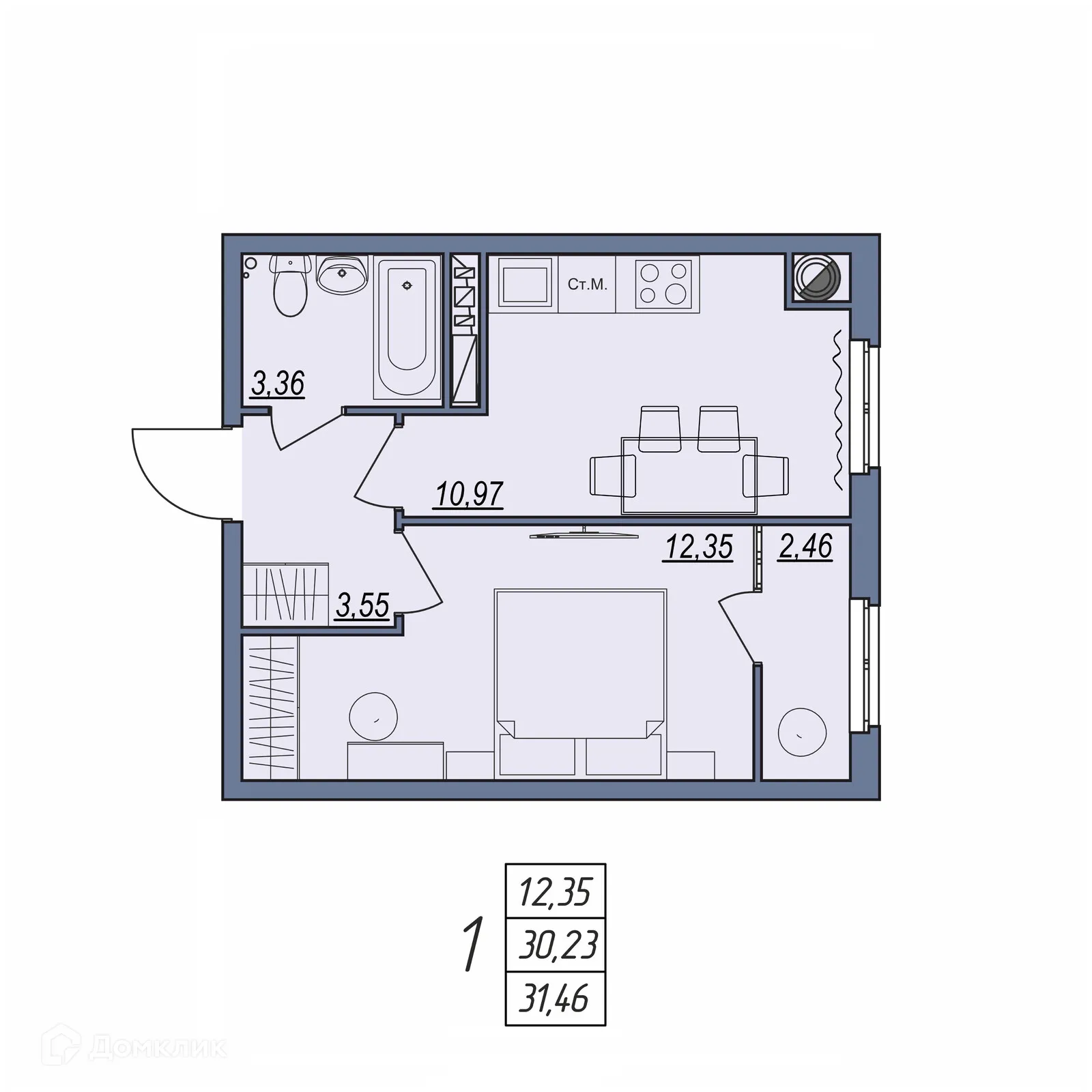 Планировка 1-комнатной квартиры 31.46 м² в ЖК Новый, г. Волгоград — фото 1