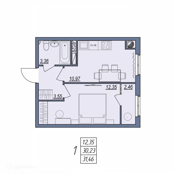 Планировка 1 комн. в ЖК Новый