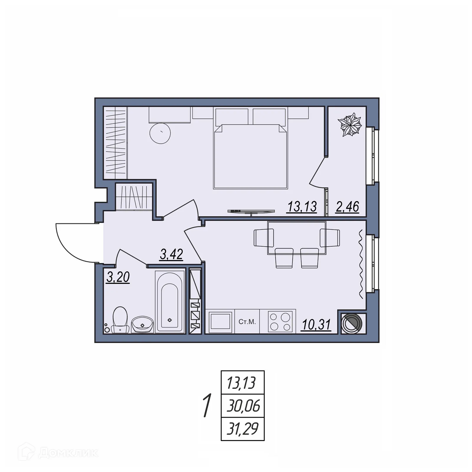 Планировка 1-комнатной квартиры 31.29 м² в ЖК Новый, г. Волгоград — фото 1