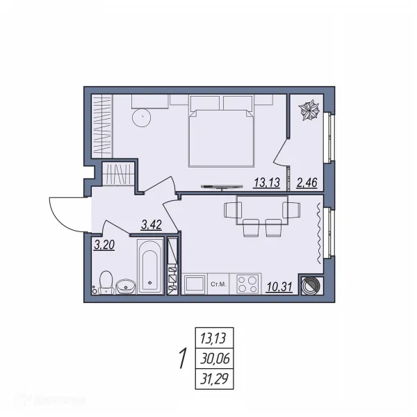 Планировка 1 комн. в ЖК Новый