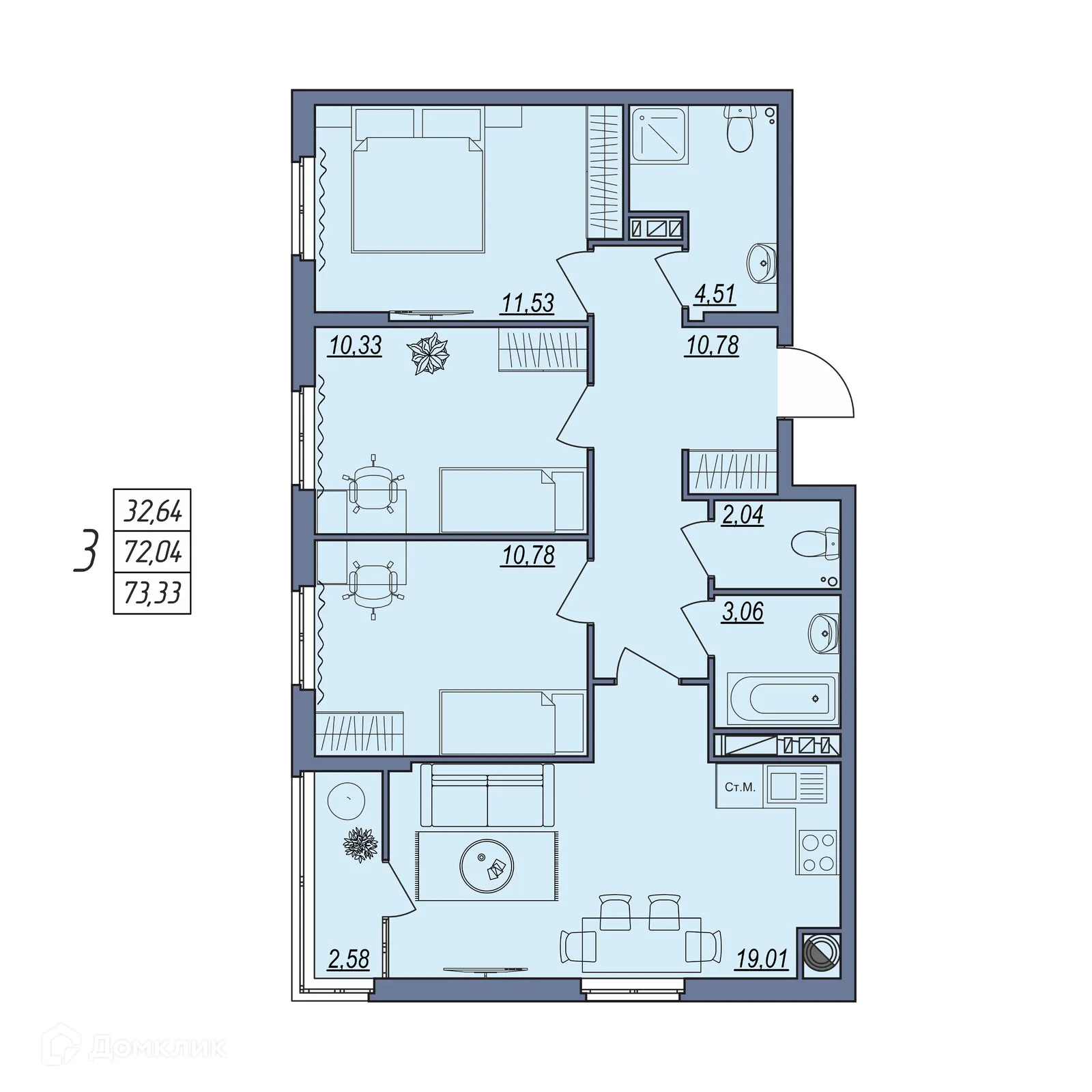 Планировка 3-комнатной квартиры 73.33 м² в ЖК Новый, г. Волгоград — фото 1