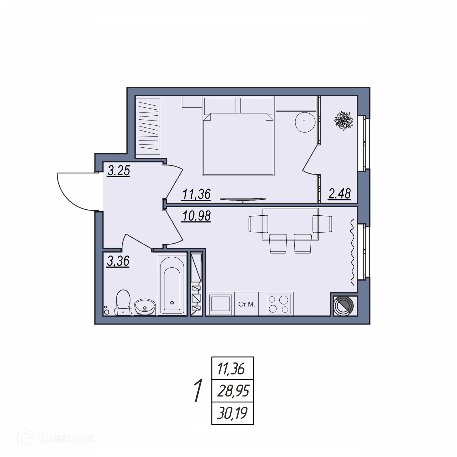 Планировка 1-комнатной квартиры 30.19 м² в ЖК Новый, г. Волгоград — фото 1