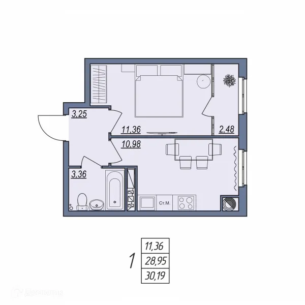 Планировка 1 комн. в ЖК Новый
