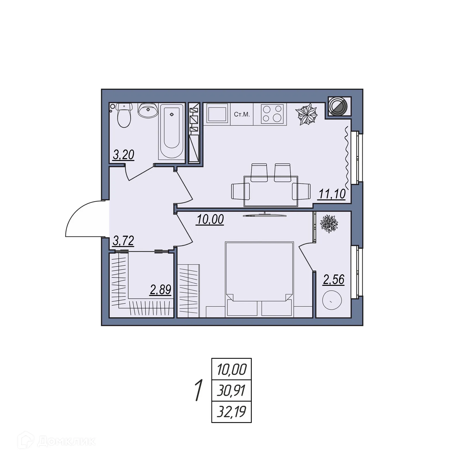 Планировка 1-комнатной квартиры 32.19 м² в ЖК Новый, г. Волгоград — фото 1