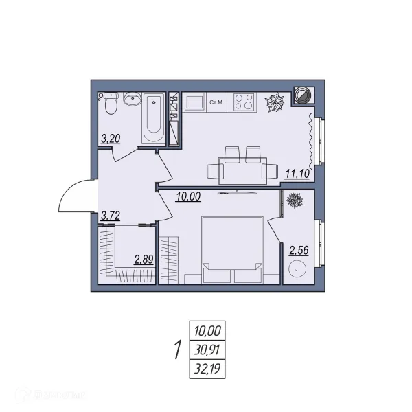 Планировка 1 комн. в ЖК Новый