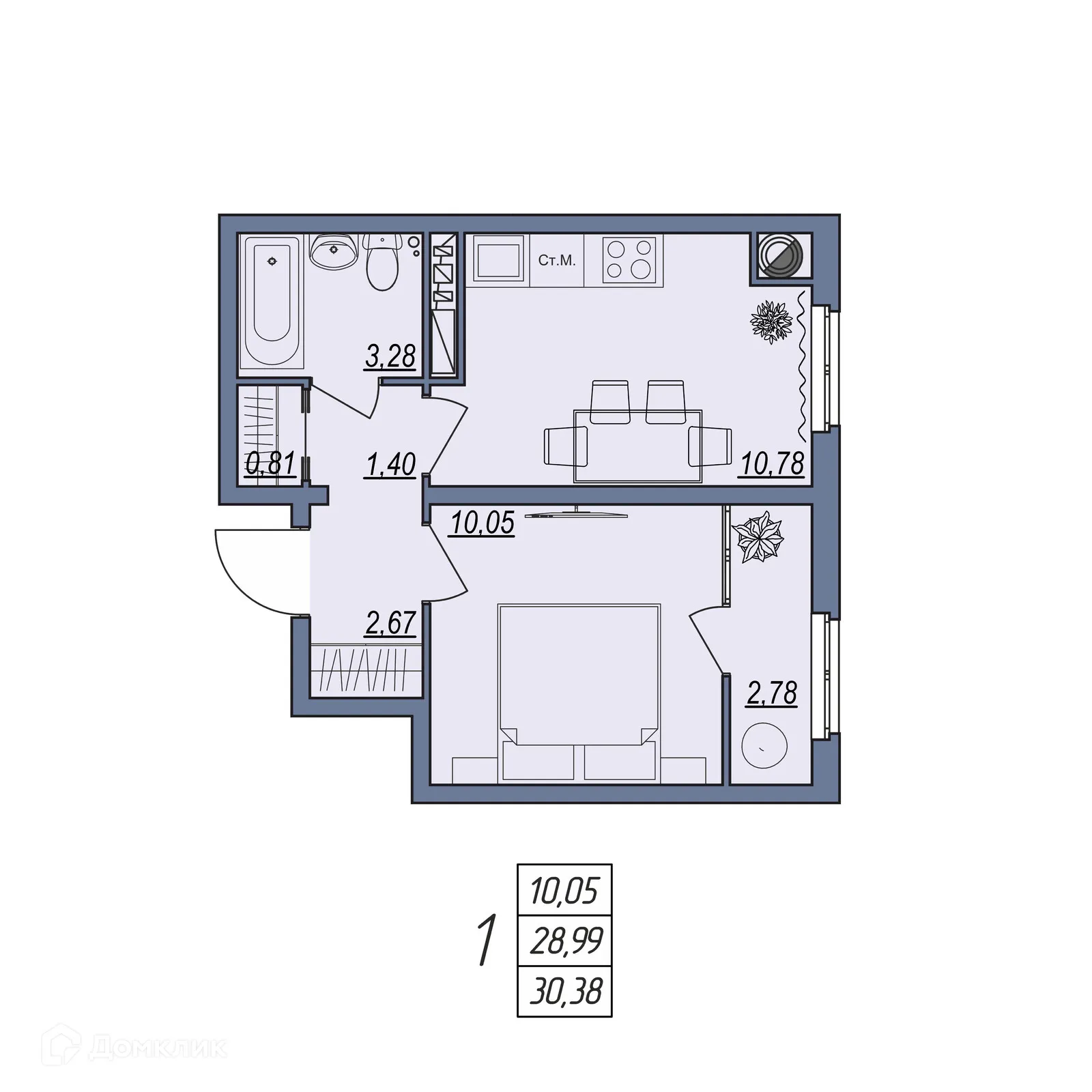Планировка 1-комнатной квартиры 30.38 м² в ЖК Новый, г. Волгоград — фото 1